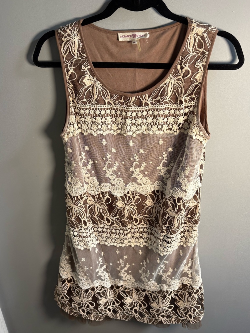 Altar'd State Taupe and Cream Lace Mini Dress with Sparkly Belt